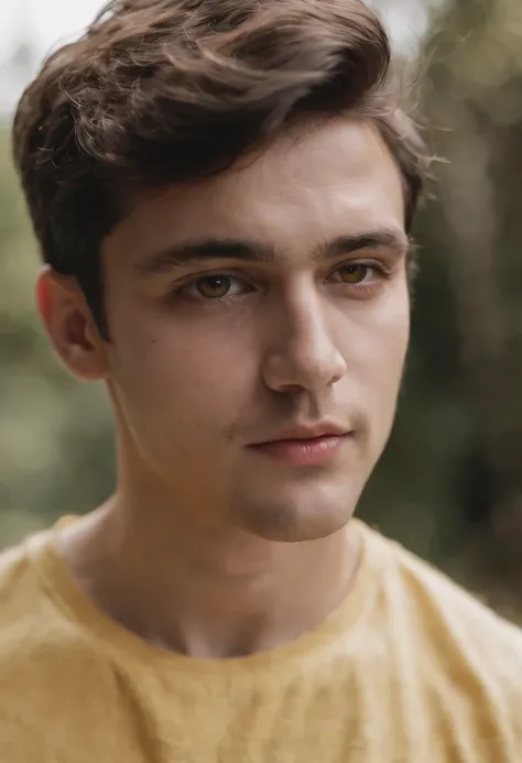 man in yellow shirt , in the style of alessio albi, luminous shadows, douglas smith, soft-focus portraits, fatima ronquillo, distinctive noses, dark, foreboding colors