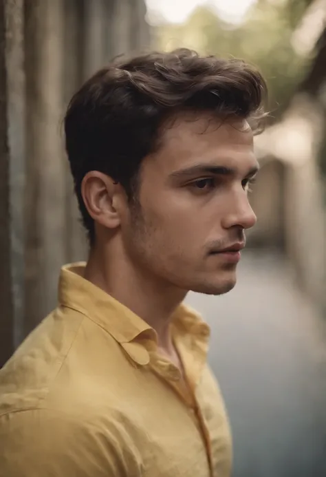 man in yellow shirt , in the style of alessio albi, luminous shadows, douglas smith, soft-focus portraits, fatima ronquillo, distinctive noses, dark, foreboding colors