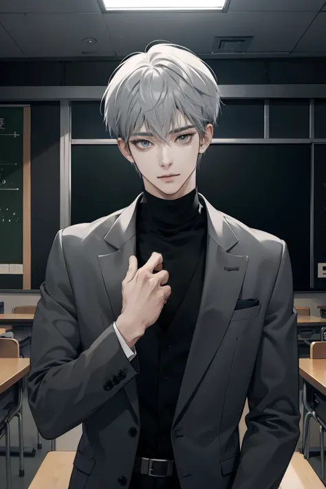 Anime Kpop boy, fade cut grey hair, black turtle neck suit, inside class school background