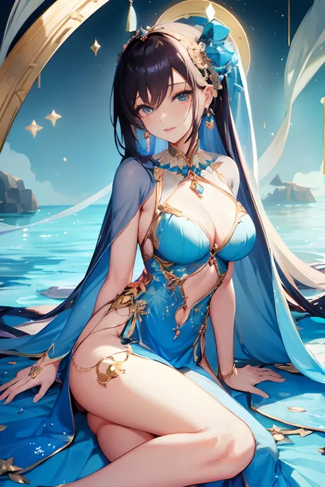 Woman in blue dress sitting on bed next to water body, beautiful alluring anime woman, Seductive Anime Girl, anime goddess, very detailed Artgerm, ((a beautiful fantasy empress)), keqing from genshin impact, a beautiful fantasy empress, queen of the sea mu...