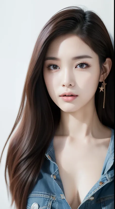 realistic photos of 1 cute Korean star, streaked hair, white skin, thin makeup, 32 inch breasts size, wearing as denim top, writing something in a book, close-up portrait, UHD