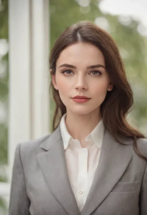 young brunette woman dressed in a tailors suit, light background, in the style of ultrafine detail, high quality photo, 35 mm f/5.6