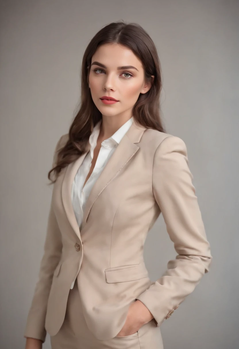 young brunette woman dressed in a tailors suit, light background, in the style of ultrafine detail, high quality photo, 35 mm f/5.6