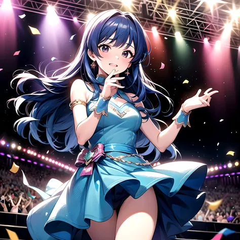 Idol girl in dress dancing on stage with confetti, long hair with blue hair、 sparkling magical girl, Best Anime 4K、anime moe art style, Detailed key anime art, official artwork, idolmaster, Cute, The dress is cute、Hands up、jumpping