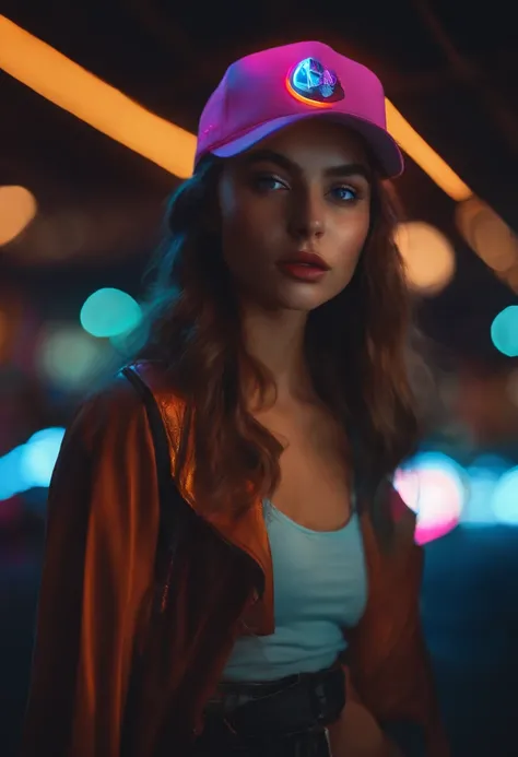 A girl with a baseball cap, realista, Calidad 8K, Detailed facial features, colores vibrantes, Neon lights, Paisaje urbano futurista, holographic