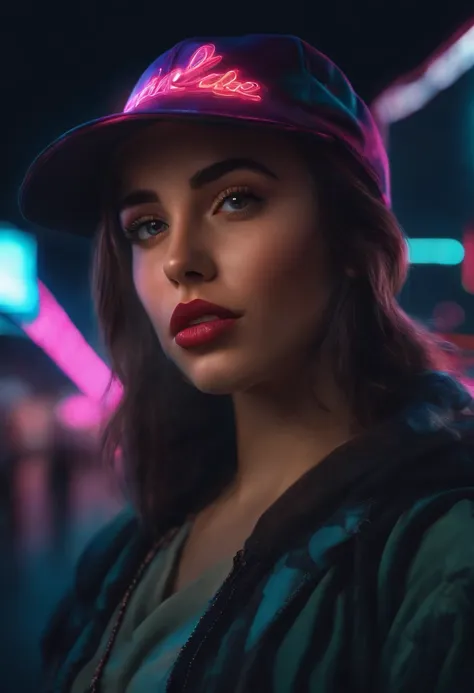 A girl with a baseball cap, realista, Calidad 8K, Detailed facial features, colores vibrantes, Neon lights, Paisaje urbano futurista, holographic