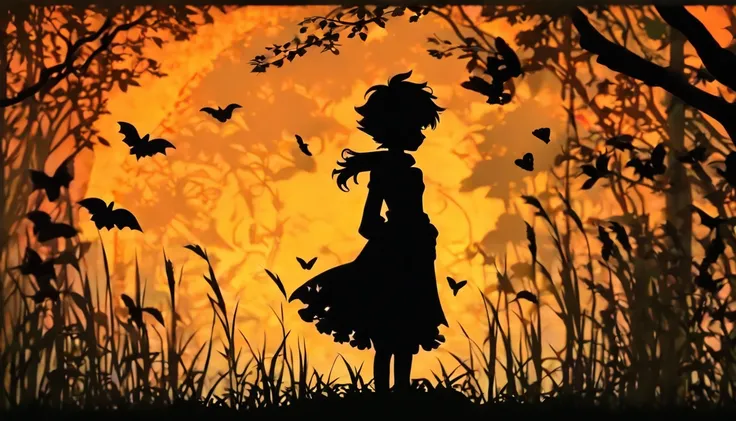 (Silhouette Art,cutouts:1.6)
(((Paper cutting art,A world where only black exists:1.3)

(Halloween,profile:1.2),white, Clear and beautiful face,Sunrise behind

break
(morning glow、Viola　Green grass:6.1)
Textured glass background,Arcana World