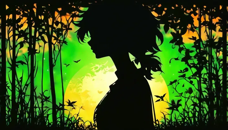 (Silhouette Art,cutouts:1.6)
(((Paper cutting art,A world where only black exists:1.3)

(Halloween,profile:1.2),white, Clear and beautiful face,Sunrise behind

break
(morning glow、Viola　Green grass:6.1)
Textured glass background,Arcana World