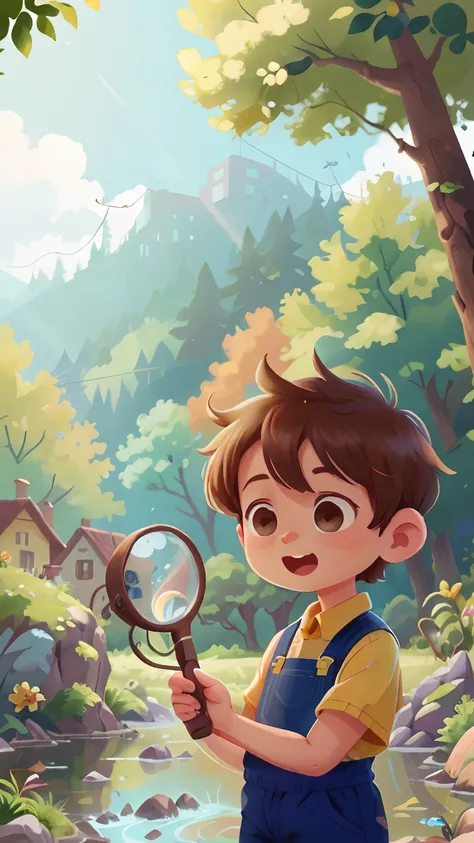 Beautiful boy with magnifying glass, brunette color hair, Rancho, Beautiful river , Clear waters, reaching, The house is beautiful，Lots of details, um dia ensolarado, (tmasterpiece: 1.2) (realisticlying: 1.2) (Bokeh) (best qualityer) (Detailed skins: 1.3) ...