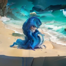 A newt on the edge of the beach, metade homem musculoso, careca, barba ruiva bem aparada, e da cintura para baixo polvo com seu grande, bright tentacles and strong blue tentacles .