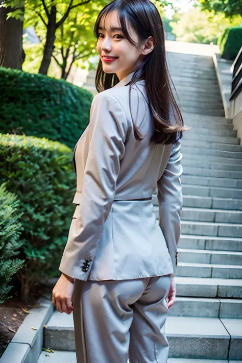 top-quality、超A high resolution、(Photorealsitic:1.4)、女の子1人、Gray pantsuit、stairway、Turn around uphill、A little smile、Unusual look、Sexy buttocks、White blouses、Beautiful curved waist constriction、Having a Document Case