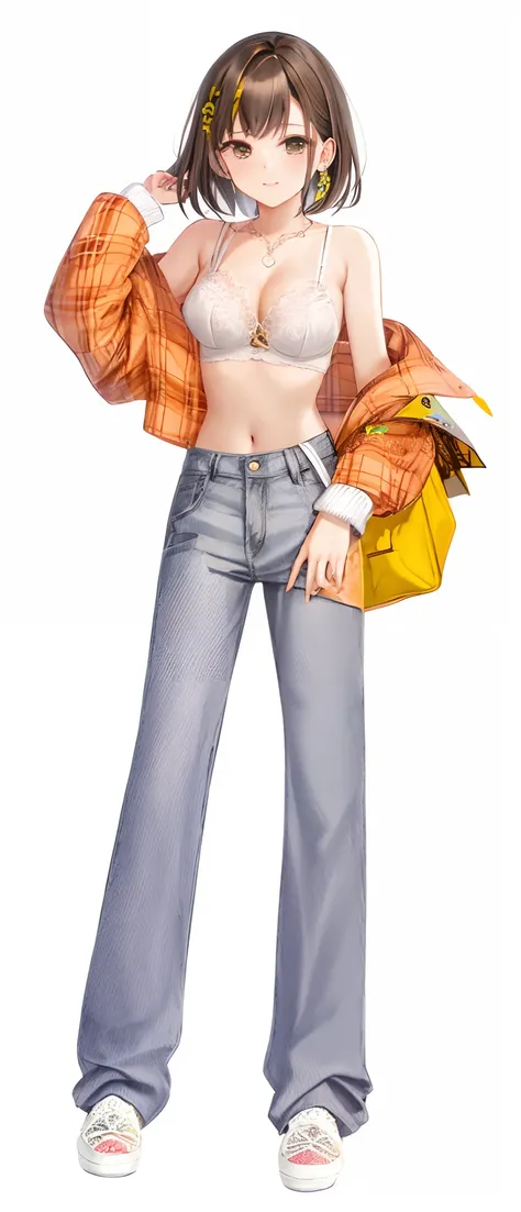 Pubic area is clear，filigree，Orange plaid coat，denim pant ，white under lingerie