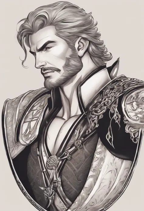 character bust of a swordsman, hand drawn cartoon illustration, Solid and vivid background, Fine, detailed scale, Soft lighting, game character, upper body, Created by Lois Van Barl and Reusch and Ross Tran and Ross Drås and Sam Yang and Sam Ess Arts and A...