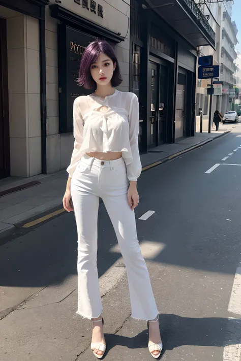 a picture、realisitic、one beautiful women、Purple Shorthair、arrogant attitude、White blouses、Denim Slim Pants、Posing on the streets of the city