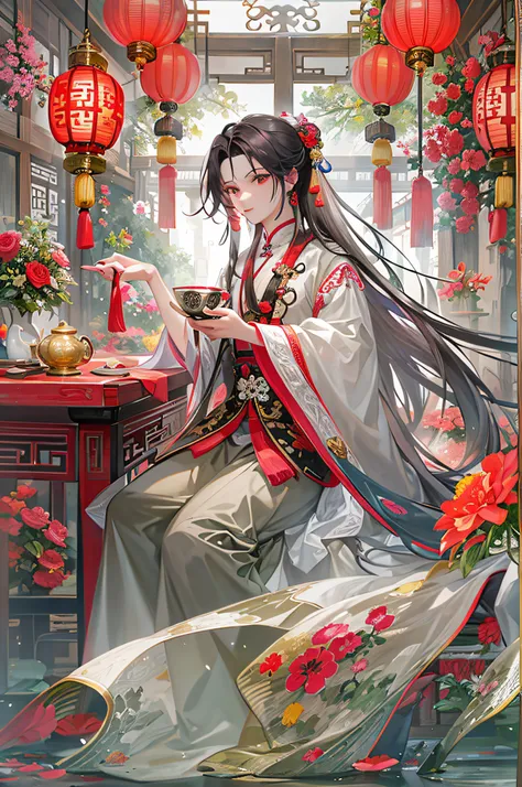 (best quality, ultra-detailed),(vibrant, lively) flowing long hair, (mysterious, ethereal) mist, (young) man, fluttering butterflies, (handsome, masculine) male figure, Chinese lantern, (deep and profound) gray iris, peony flowers, chestnut brown hair, (re...