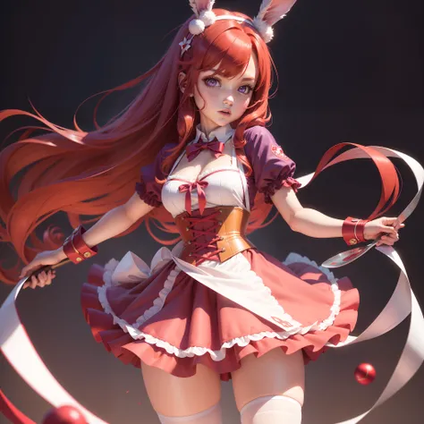 Outrageous, Best Quality, 1girl, solo, red hair, purple eyes, long hair, big, ahBunny, bunny ears, red corset, gakuran, aprons, red neck ribbons, red skirt, hair bow, short sleeves, wrist cuffs, white thighs, jingle bells