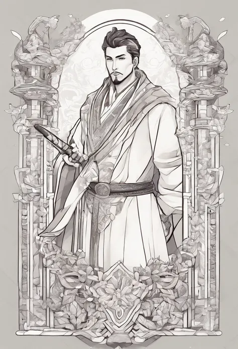 character bust of a swordsman, hand drawn cartoon illustration, Solid and vivid background, Fine, detailed scale, Soft lighting, game character, upper body, Created by Lois Van Barl and Reusch and Ross Tran and Ross Drås and Sam Yang and Sam Ess Arts and A...