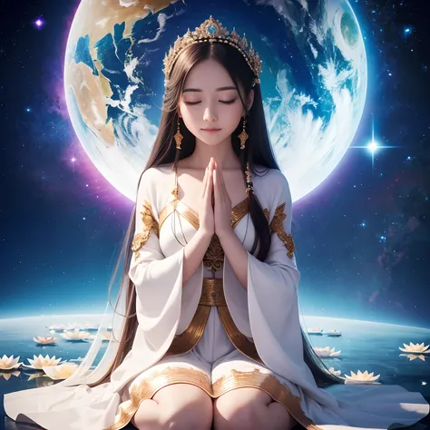 HighestQuali，tmasterpiece：1.2，Detailed details，The beautiful young goddess gently closed her eyes，gently smiling. She folded her hands together in prayer meditation. She wore a white dress，The stars sparkle in the blue night sky, You sit on a lotus flower，...