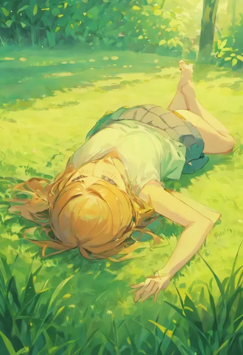 there is a woman that is laying down on the ground，hands on head, relaxed poses, lofi-girl, blurry and dreamy illustration, Sunbathing. illustration, Soft anime illustration, Simple illustration, character is in her natural pose, dreamlike illustration, 2 ...