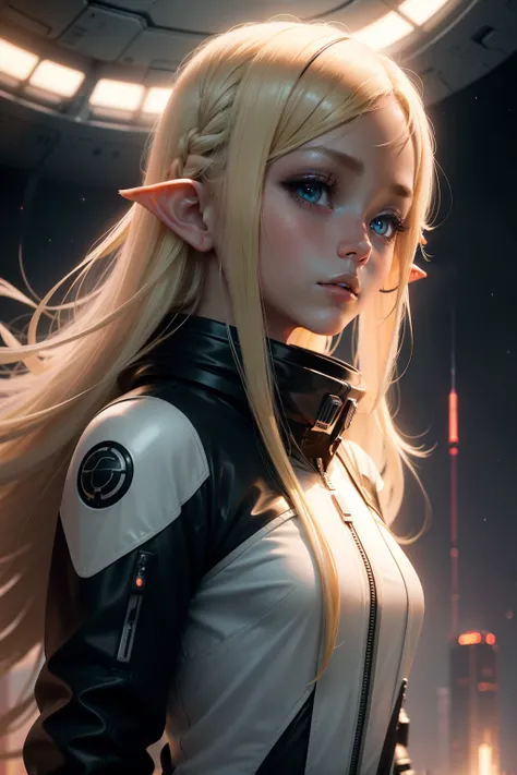 a girl elf, blond hair, in futuristic black and white space suit, in futuristic sunrise tokyo