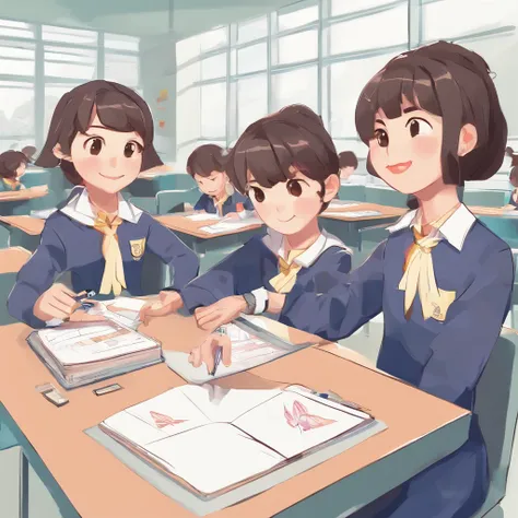 Depict a bright classroom，Full of technology atmosphere。Students in the classroom can use VR glasses for virtual reality learning，They can explore a variety of scenarios and knowledge in an immersive way。ao mesmo tempo，There are also students drawing carto...