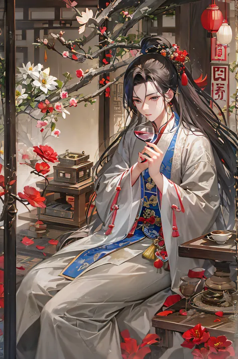 (best quality, ultra-detailed),(vibrant, lively) flowing long hair, (mysterious, ethereal) mist, (young) man, fluttering butterflies, (handsome, masculine) male figure, Chinese lantern, (deep and profound) gray iris, peony flowers, chestnut brown hair, (re...