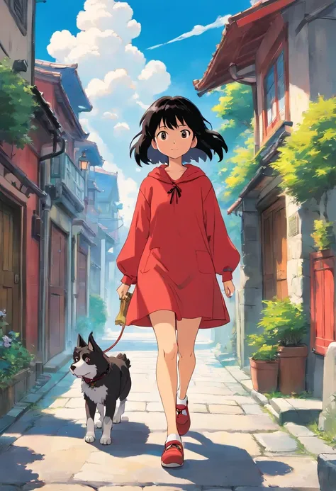 The streets under the blue sky and white clouds，A girl with black hair and red clothes leads a dog