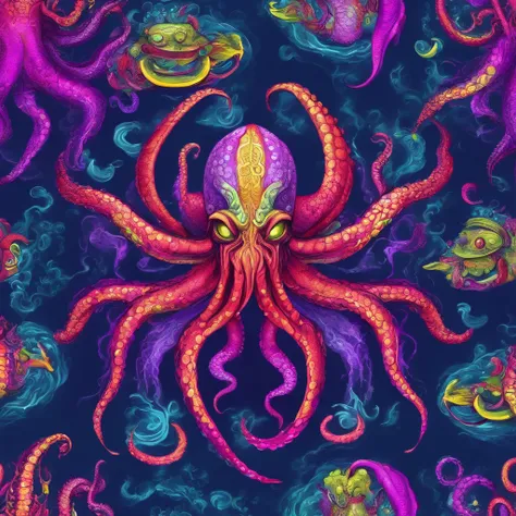 Kraken, red-purple tentacles with yellow stripes, huge purple curved demonic horns with glowing green runes, glowing green eyes, purple spikes, dark fuchsia fur, masterpiece, best quality