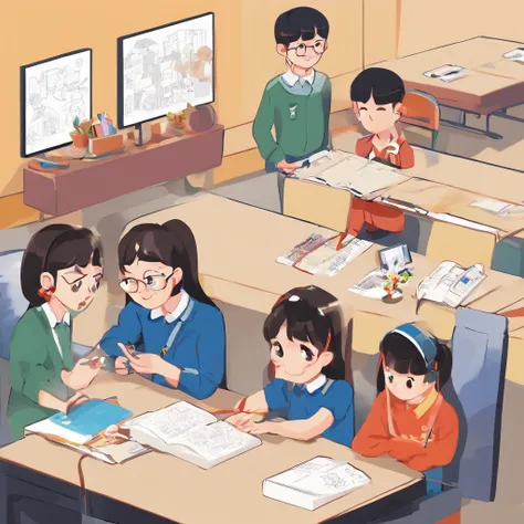 Depict a bright classroom，Full of technology atmosphere。Students in the classroom can use VR glasses for virtual reality learning，They can explore a variety of scenarios and knowledge in an immersive way。ao mesmo tempo，There are also students drawing carto...