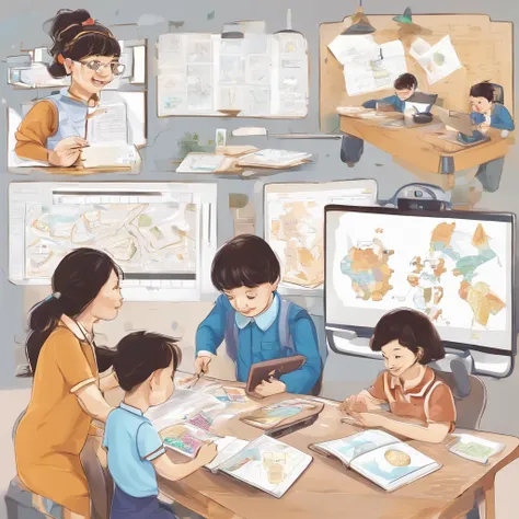 Depict a bright classroom，Full of technology atmosphere。Students in the classroom can use VR glasses for virtual reality learning，They can explore a variety of scenarios and knowledge in an immersive way。ao mesmo tempo，There are also students drawing carto...