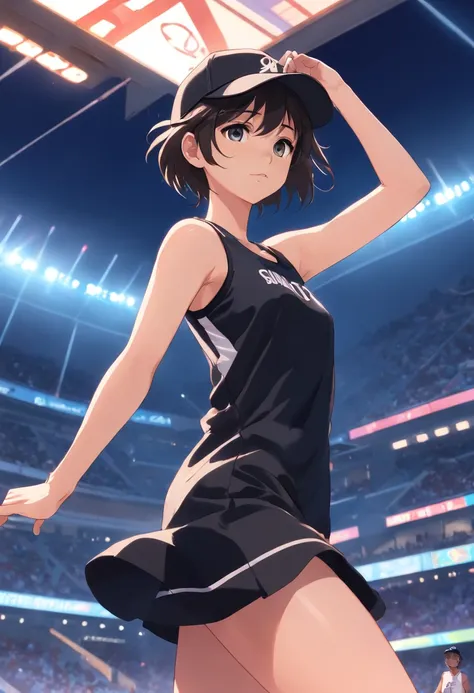 1girl in tight black dress with baseball cap and with a high Air Jordan 1