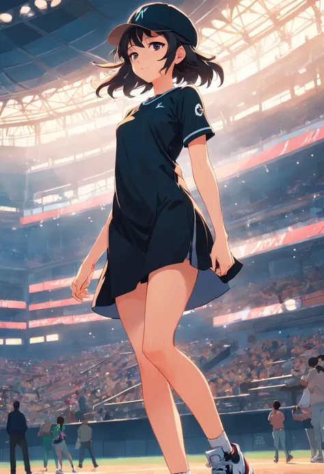 1girl in tight black dress with baseball cap and with a high Air Jordan 1