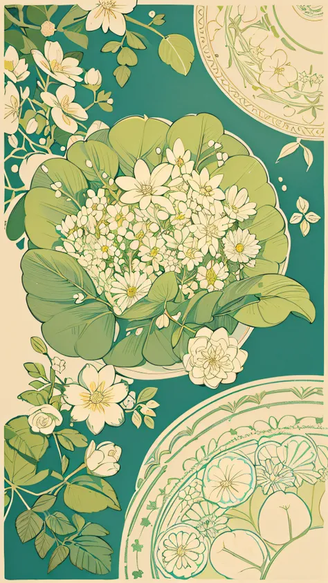 slight vintage color,planar,,riso print style,illustration,adolable,leave white space,low-saturation,lots of flowers，individuall...