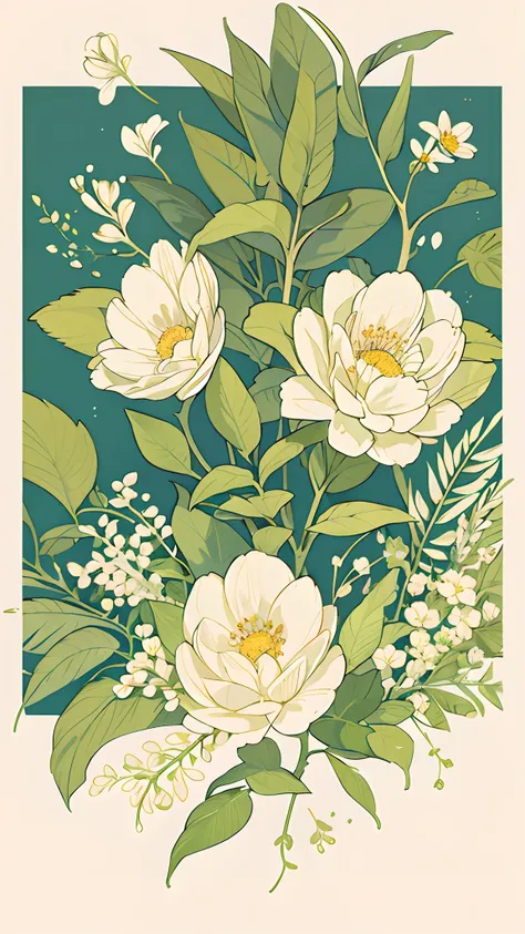 slight vintage color,planar,,riso print style,illustration,adolable,leave white space,low-saturation,lots of flowers，individuall...