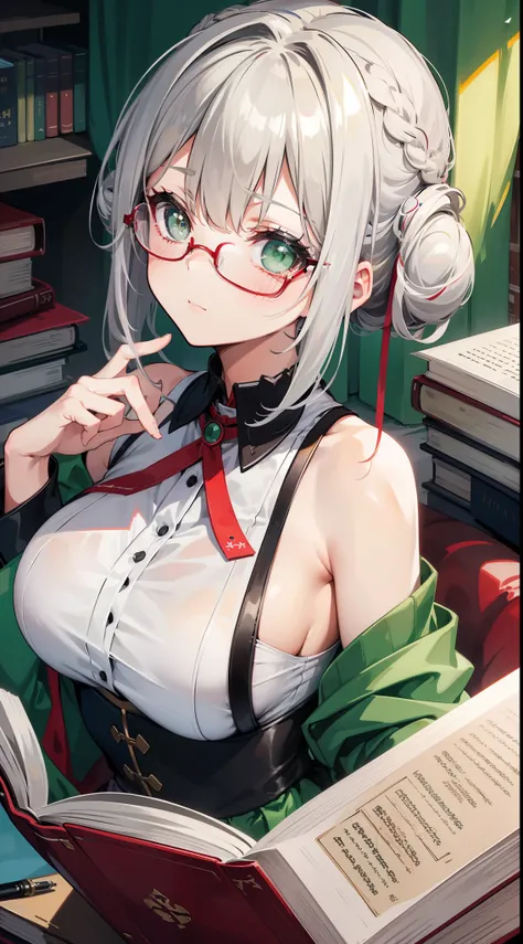 young girl, Gray hair in one bun, Green eyes, red glasses, Green Science Dress, White Elements, Sleeveless, open breasts, book, Masterpiece, hiquality, high detail, HD, 4k