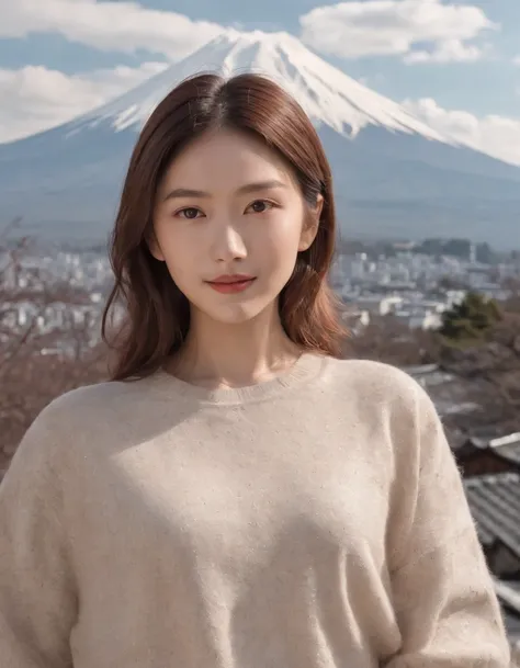 Tokyo, 1 woman ((upper body selfie, happy)), Fujiyama,the background is Mount Fuji，masterpiece, best quality, ultra-detailed, solo, outdoors,shadows, contrast,in Tokyo, clear sky, analog style (look at viewer:1.2) (skin texture) (film grain:1.3), (warm hue...