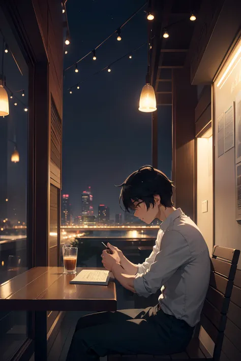 Create exquisite illustrations reminiscent of Makoto Shinkais style, It features ultra-fine details and top-notch quality Create an illustration set in a nighttime café, bathed in a gentle, ethereal glow. In this enchanting scene, a man sits at a table, si...