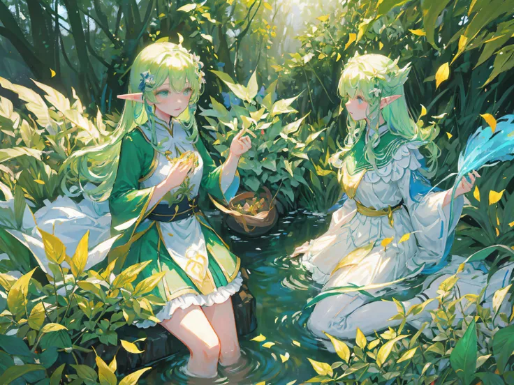 green leaf，grow，earthy，falling flower petals，（Flowers），美丽细致的眼睛，Gradient hair，tmasterpiece，Soft hair，（teens girl），the elf，Mopping straight hair，Elf ears，Design a whimsical forest filled with mythical creatures, glowing plants, and a magical atmosphere.