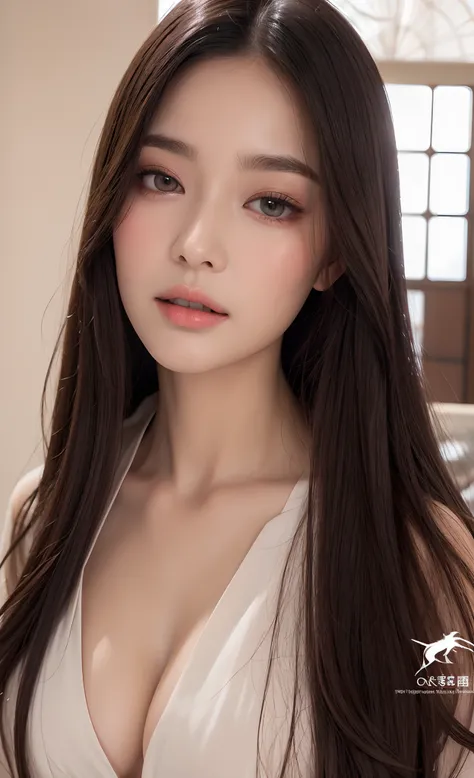 8k, Top image quality、Raw photography、超A high resolution、A pretty girl、Colossal tits:1.3、cleavage of the breast:1.3 , open shirt show nipples (detailed  clothing), (detailed hanfu), full body, fair white skin、shiny white skin、(wavy blonde hair)、dark brown ...