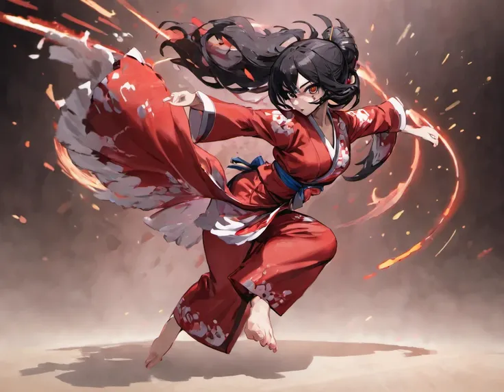 Girl, white and red Aiki kimono wear, tatami gym, Aiki pose, spreading legs, black long hair, Aoi, virtual fighter 5,