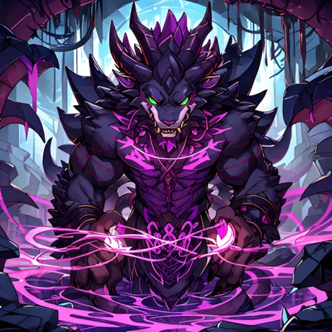 Kraken, red-purple tentacles with yellow stripes, huge purple curved demonic horns with glowing green runes, glowing green eyes, purple spikes, dark fuchsia fur, masterpiece, best quality