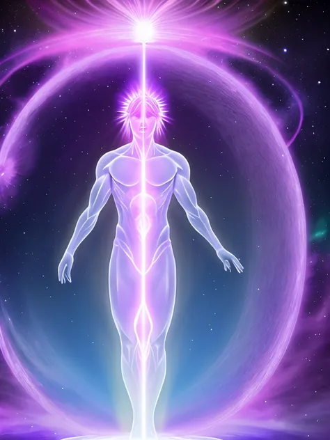 astral body, 7 cakra shinning, violet flame aura, light pillar