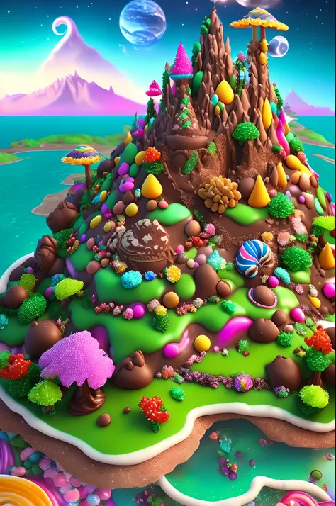 (masterpiece:1.2),(top-quality),8K,16k,ultra-detailliert,Highly detailed and colorful details,(Irridescent color:1.2）,(Glowing lighting,Atmospheric illumination）,Dreamy magic,Top resolution, An island made of sweets, Uncharted, Confectionery Forest, Mounta...