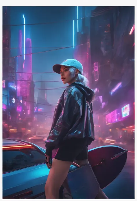 A girl with a cyberpunk background, Silver hair with cap,holding skate board， 8K quality, Detailed facial features, Vibrant colors, Neon lights, Futuristic city landscape, holograph，Inception