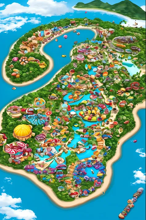 Uninhabited island, island made of sweets, unexplored land, forest of sweets, mountain of sweets, candy tree, chocolate river, marshmallow rock, colorful, candy world, dessert