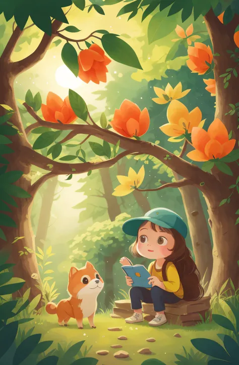 There was a girl in the woods holding a magnifying glass, childrens book illustrations, cute storybook illustration, childrens book illustrations, colorful kids book illustration, childrens book illustrations, Childrens book illustration, cute illustration...