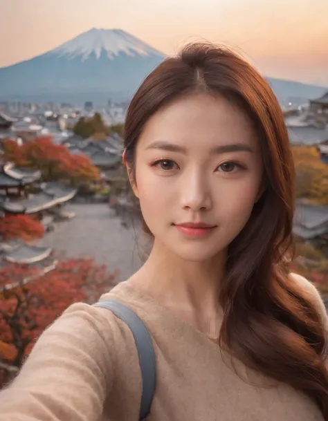 Tokyo, 1 woman ((upper body selfie, happy)),Fujiyama,the background is Mount Fuji，masterpiece, best quality, ultra-detailed, solo, outdoors,shadows, contrast,in Tokyo, clear sky, analog style (look at viewer:1.2) (skin texture) (film grain:1.3), (warm hue,...