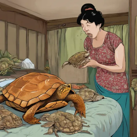 Rotting turtles and crabs crawl in a womans bedroom at night after closing dirty curtains with large amounts of rotting internal organs, seafood, manure and vomit scattered in heavily polluted and murky sewage、Fat Japan woman spits out a large amount of fo...