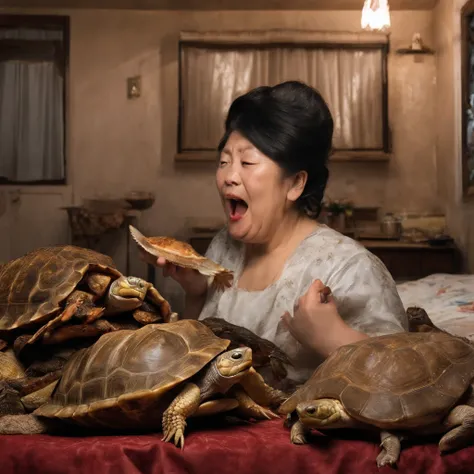 Rotting turtles and crabs crawl in a womans bedroom at night after closing dirty curtains with large amounts of rotting internal organs, seafood, manure and vomit scattered in heavily polluted and murky sewage、Fat Japan woman spits out a large amount of fo...