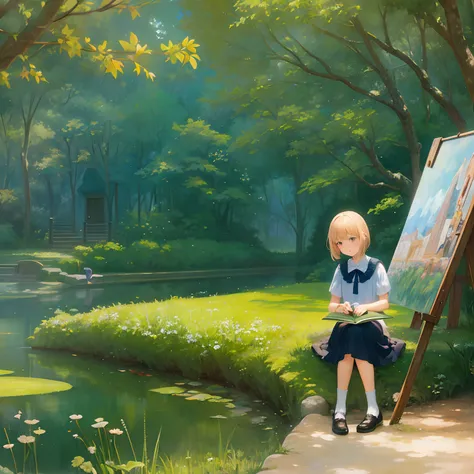 a secret hidden away place, where a young girl sits and paints her dreams in a keepsake notebook, anime art style, impressionist art style, 8k resolution , studio Ghibli, in the style of Louse Carrol, Katsuhiro Otomo